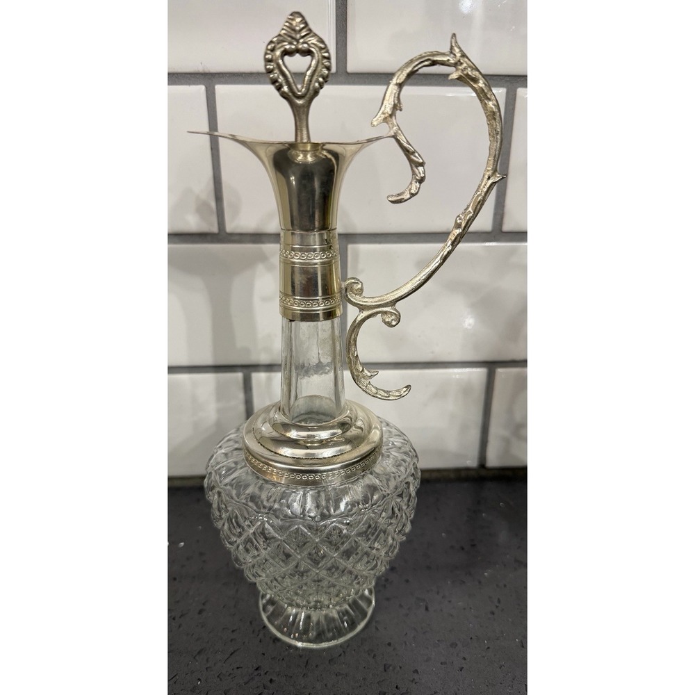Vtg Glass Decanter Olive Oil Diamond Point Patterns Silver Metal Bottle